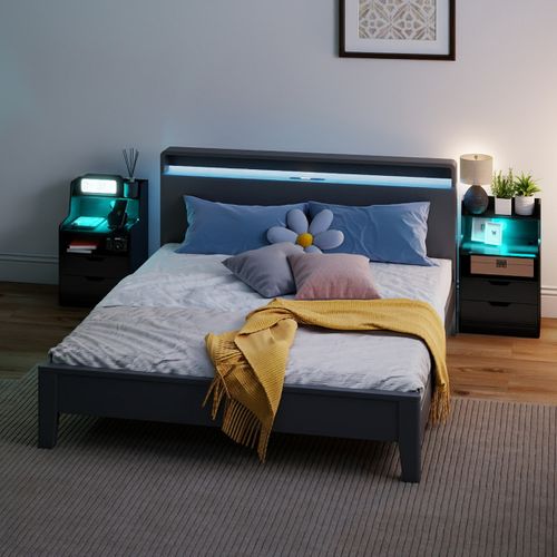 Table De Chevet LED Table De Nuit Avec Station De Charge 2 Tiroirs Moderne 45x35x72,5cm Noir