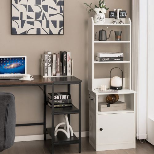 Buffet Meuble De Rangement Avec 5 Étagères Et 2 Prises et 2 Ports USB 45x35,5x140,5 Cm Blanc