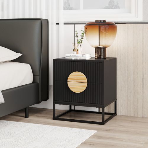Table De Nuit Table De Chevet Avec 2 Tiroirs Poignées En Bois De Pin Moderne 48x40x55cm Noir