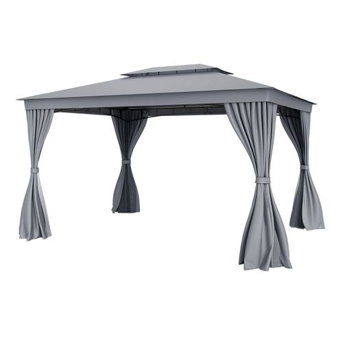 Tonnelle 397x296cm Avec Moustiquaire Rideau Toit à Auvent à 2 Niveaux Structure En Métal Robuste