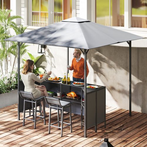 Tonnelle De Bar De Patio En 3 Pièces 245x245cm Avec 2 Tabourets De Bar Abri Barbecue Double Toit