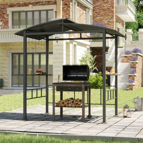Tonnelle De Barbecue Avec Toit Rigide En PC Étagères Latérales Crochets Cadre Métallique