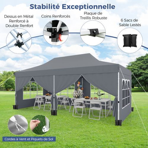 Tonnelle De Jardin 3x6m 6 Parois Amovibles Tente De Reception Escamotable Protection Solaire Gris