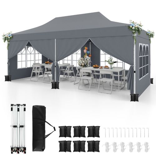 Tonnelle De Jardin 3x6m 6 Parois Amovibles Tente De Reception Escamotable Protection Solaire Gris