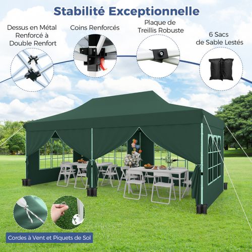 Tonnelle De Jardin 3x6m 6 Parois Amovibles Tente De Reception Escamotable Protection Solaire Vert