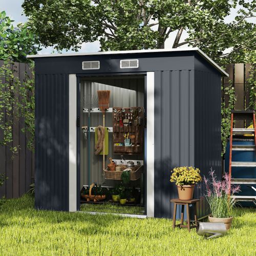 Abri De Jardin Extérieur Pour Équipement Avec Toit Incliné Porte Coulissante Aérations Métal Gris