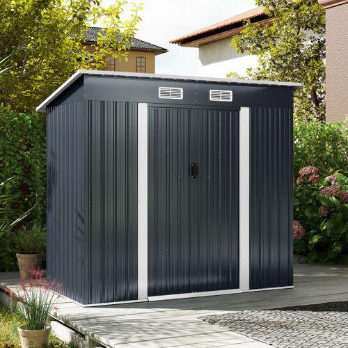Abri De Jardin Extérieur Pour Équipement Avec Toit Incliné Porte Coulissante Aérations Métal Gris