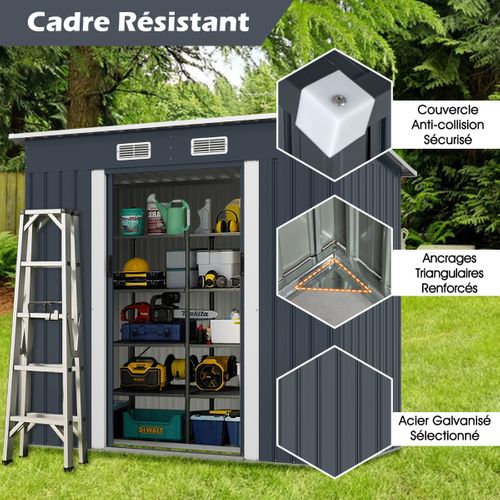 Abri De Jardin Extérieur Pour Équipement Avec Toit Incliné Porte Coulissante Aérations Métal Gris