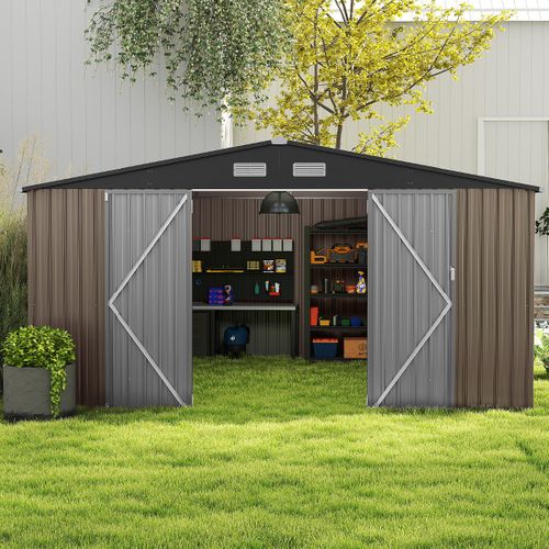 Abri De Stockage Grand Hangar à Outils Avec Toit Incliné Portes Fermables 350x350x198cm Gris