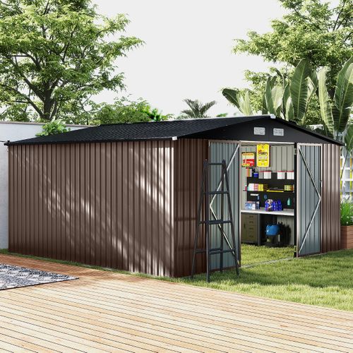 Abri De Stockage Grand Hangar à Outils Avec Toit Incliné Portes Fermables 350x350x198cm Gris