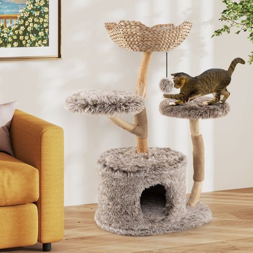 Arbre à Chat 105cm Avec Tronc En Bois De Poirier Massif Perchoir Centre D'activités Moderne