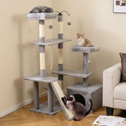 Arbre à Chat 136cm Maison De Jeu Avec Poteaux à Griffer En Sisal Rampe 2 Perchoirs Rembourrés