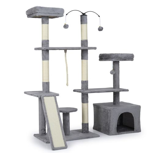 Arbre à Chat 136cm Maison De Jeu Avec Poteaux à Griffer En Sisal Rampe 2 Perchoirs Rembourrés