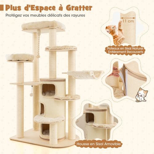 Arbre à Chat 173cm 3 Condos 2 Perchoirs Hamac Tour à Chat Griffoir Poteaux Sisal Boule à Ressort