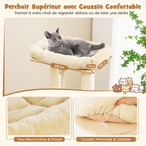Arbre à Chat 173cm 3 Condos 2 Perchoirs Hamac Tour à Chat Griffoir Poteaux Sisal Boule à Ressort