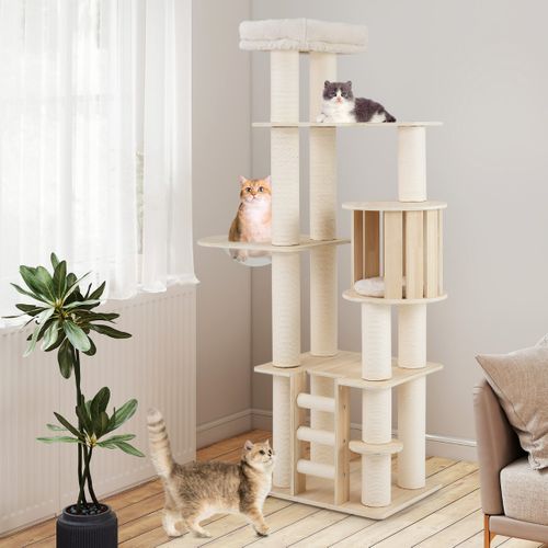 Arbre à Chat 185cm En Contreplaqué Massif Avec Condo Perchoir Poteaux à Griffer Échelle à 3 Marche