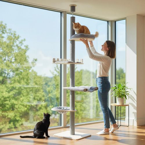 Arbre à Chat Ajustable Du Sol Au Plafond à 5 Niveaux Tour Pour Chats 236-271cm De Hauteur
