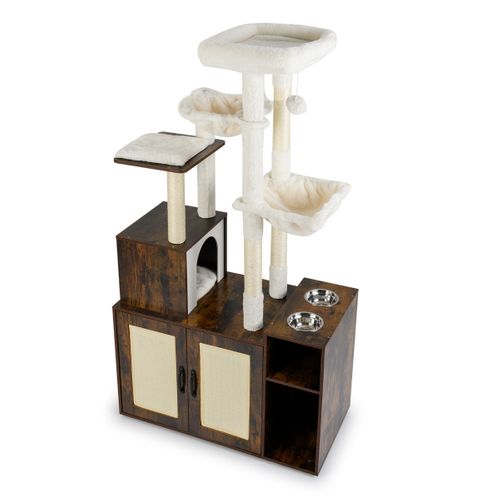 Arbre à Chat Avec Bac à Litière Fermé Condo 2 Hamacs Poteaux Et Tapis à Griffer En Sisal