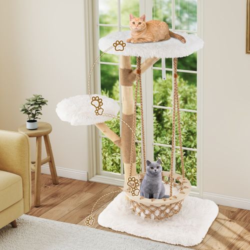 Arbre à Chat Avec Balançoire Hamac Branches En Bois Véritable Poteaux à Gratter En Jute 2 Perchoir