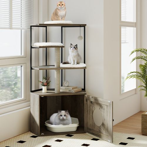 Arbre à Chat Avec Enclos Pour Litière Meuble Moderne Pour Chat Avec 2 Poteaux à Gratter Et 3 Tapis