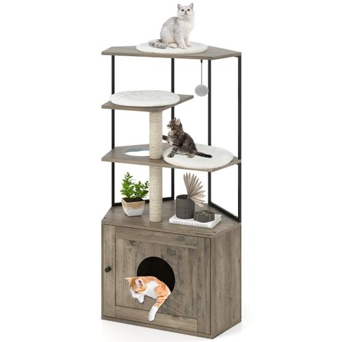 Arbre à Chat Avec Enclos Pour Litière Meuble Moderne Pour Chat Avec 2 Poteaux à Gratter Et 3 Tapis