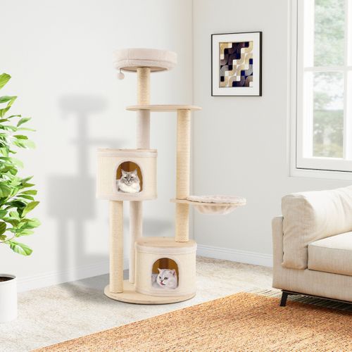 Arbre à Chat De 152cm Tour En Bois Pour Chatons Avec Griffoirs En Sisal et Tapis 2 Condos Perchoir