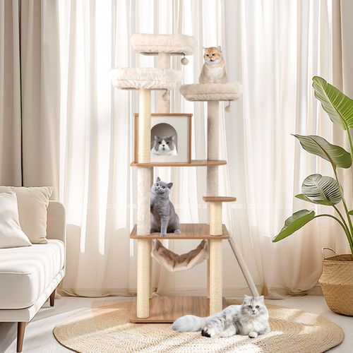 Arbre à Chat De 168cm Avec 3 Plateformes Rembourrées Condo Poteaux à Griffer En Sisal Échelle
