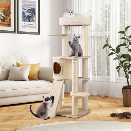 Arbre à Chat De 56cm Tour Pour Chaton En Bois Avec 2 Colonnes à Griffer En Sisal et Tapis et Échelle