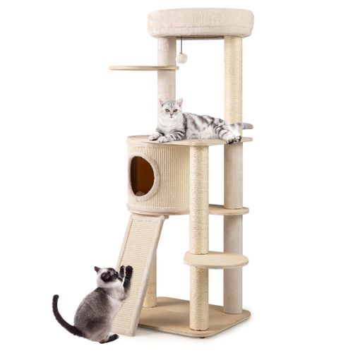 Arbre à Chat De 56cm Tour Pour Chaton En Bois Avec 2 Colonnes à Griffer En Sisal et Tapis et Échelle