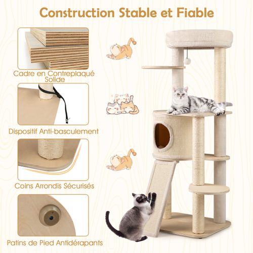 Arbre à Chat De 56cm Tour Pour Chaton En Bois Avec 2 Colonnes à Griffer En Sisal et Tapis et Échelle