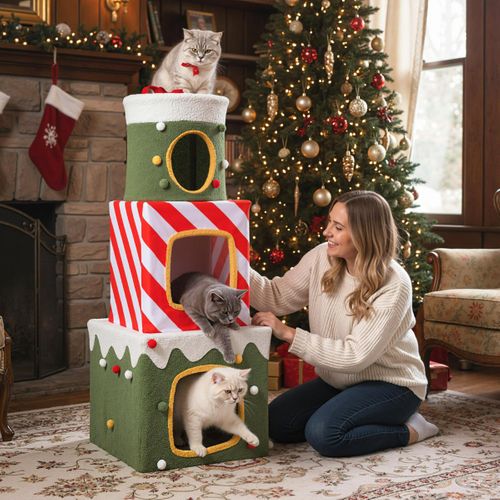 Arbre à Chat De Noël Pour Chats Meuble D'escalade Pour Chats Mignon De 120cm Avec 3 Condos