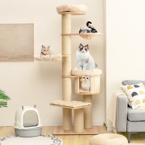 Arbre à Chat En Bois 191cm Avec Hamac Panier Perchoir Et Niche Tour à Chat Avec Coussin Amovible