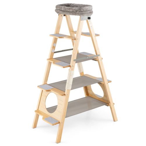 Arbre à Chat En Bois Meuble Pliable Avec Échelle Tour Haute En Pin Massif à 5 Niveaux