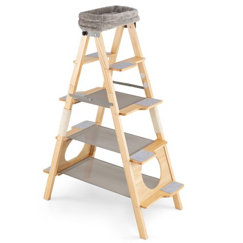 Arbre à Chat En Bois Meuble Pliable Avec Échelle Tour Haute En Pin Massif à 5 Niveaux