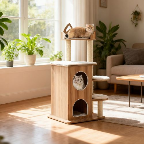 Arbre à Chat En Bois Tour à Chat à 2 Étages Avec Niche Plateforme D'observation Poteaux En Sisal