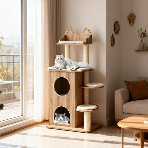 Arbre à Chat En Bois Tour à Chat à 2 Étages Avec Niche Plateforme D'observation Poteaux En Sisal