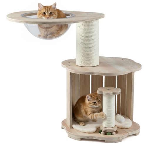 Arbre à Chat En Bois Tour Pour Chaton à 3 Niveaux Avec Condo Capsule Spatiale Poteaux à Griffer