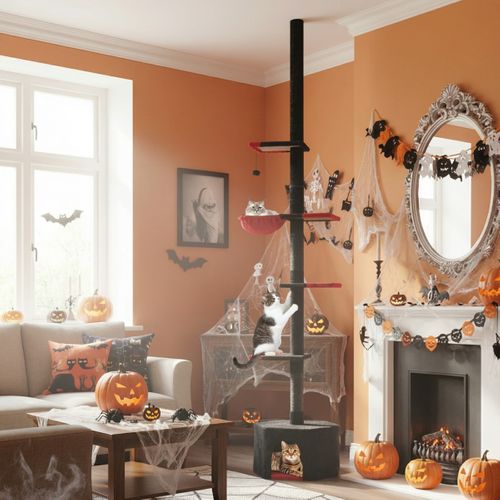 Arbre à Chat Gothique Du Sol Au Plafond Réglable 245-300cm Tour à Chats Haute à 5 Niveaux