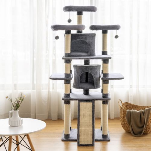 Arbre à Chat Griffoir 60x50x170cm Avec Poteaux Planche à Gratter 3 Perchoirs En Peluche 2 Niches