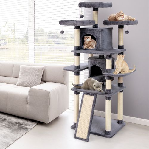 Arbre à Chat Griffoir 60x50x170cm Avec Poteaux Planche à Gratter 3 Perchoirs En Peluche 2 Niches