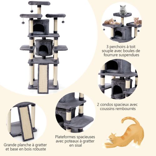 Arbre à Chat Griffoir 60x50x170cm Avec Poteaux Planche à Gratter 3 Perchoirs En Peluche 2 Niches