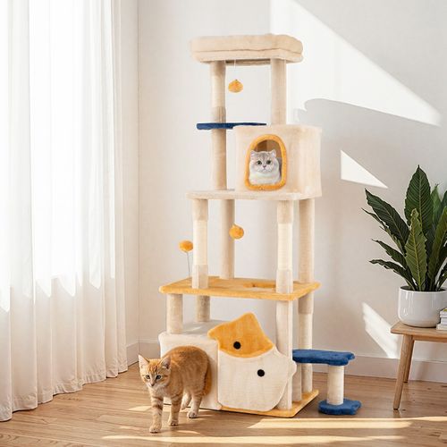 Arbre à Chat Mignon De 163cm Avec 2 Condos Perchoir En Peluche Amovible Poteaux à Griffer En Sisal