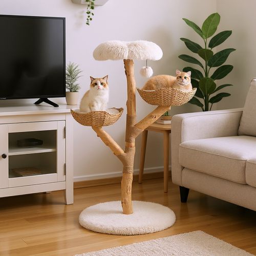 Arbre à Chat Moderne Tour De 122cm Avec Branches En Bois Véritable Et Perchoir Fleuri 2 Paniers