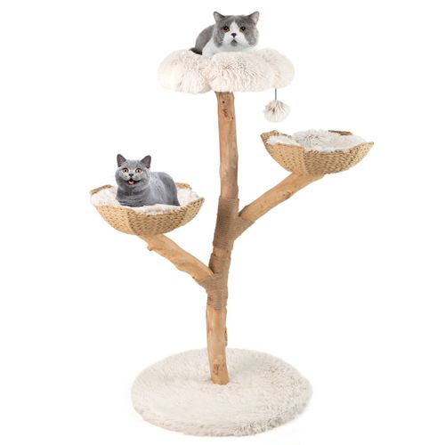 Arbre à Chat Moderne Tour De 122cm Avec Branches En Bois Véritable Et Perchoir Fleuri 2 Paniers