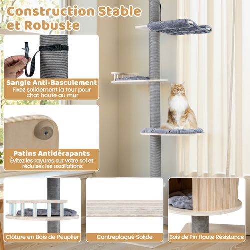 Arbre à Chat Réglable Du Sol Au Plafond à 5 Niveaux Meuble D'escalade En Bois De 236-271cm