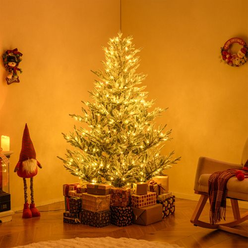 Arbre De Noël Artificiel Pré-éclairé De 210cm Sapin De Noël Articulé Avec Flocage Neigeux