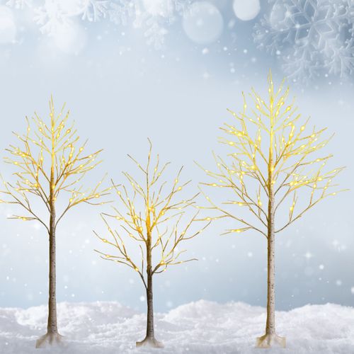 Arbre De Noël Bouleau Blanc Chaud Artificiel 180cm Avec 96 LED Lumineux Base Plastique Décoration