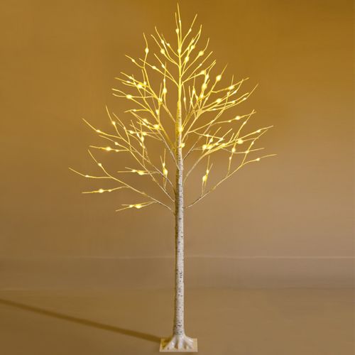 Arbre De Noël Bouleau Blanc Chaud Artificiel 180cm Avec 96 LED Lumineux Base Plastique Décoration