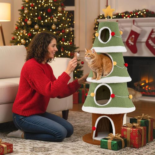Arbre De Noël Pour Chats D'intérieur Tour à Chat 154cm Avec 4 Condos Tapis En Sisal Balle