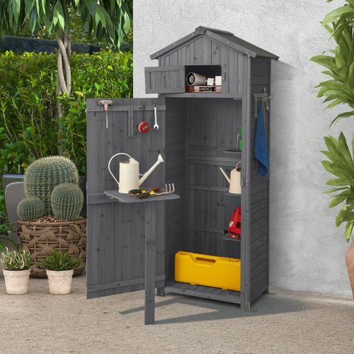 Abri à Outils Cabane à Outils Bois Imperméable Avec Table Pliable 8 Crochets 75x50x180,5cm Gris